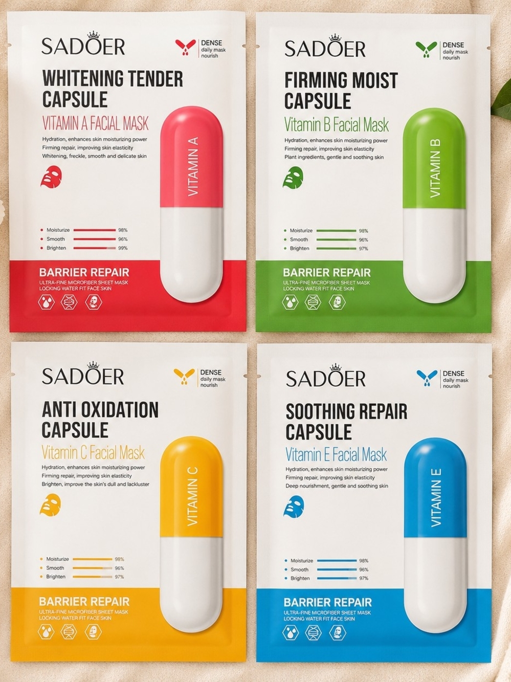 NEW SADOER 4-Piece Vitamin Facial Mask Set | Vitamins A, B, C & E ✨